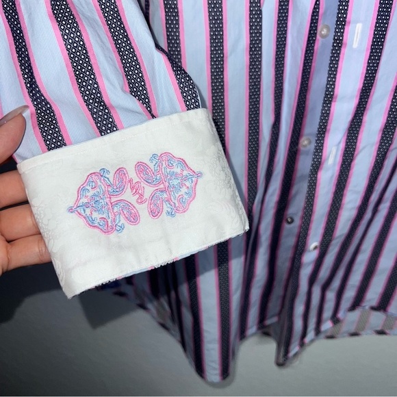 Robert Graham Shirt Mens 43 17 XL Blue Pink Striped Flip Cuff Button Up - Picture 4 of 9